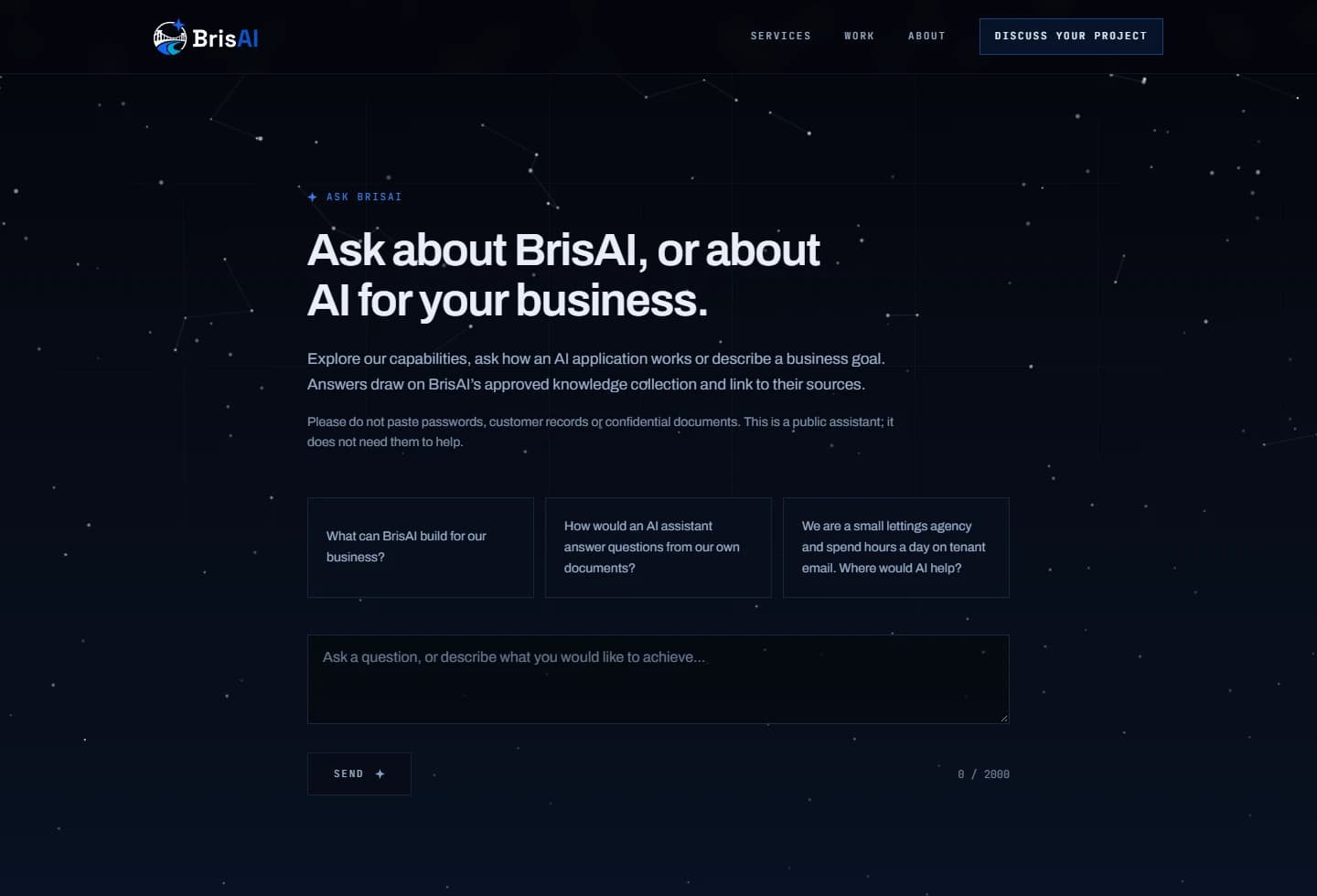 Ask BrisAI’s question interface, starter questions and message field