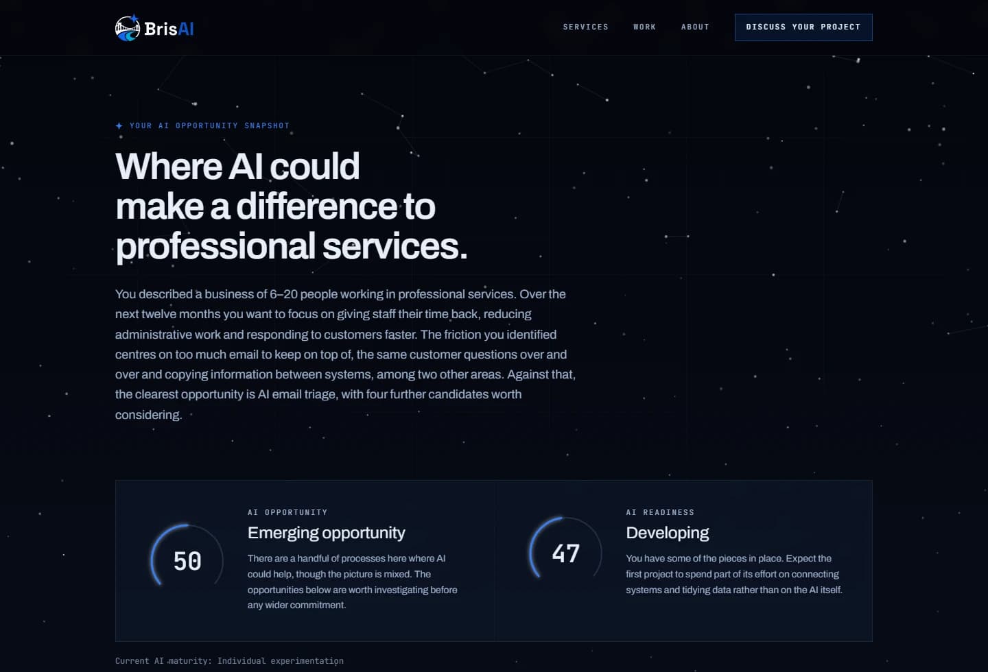 AI Opportunity Snapshot results showing opportunity and readiness scores for a fictional business